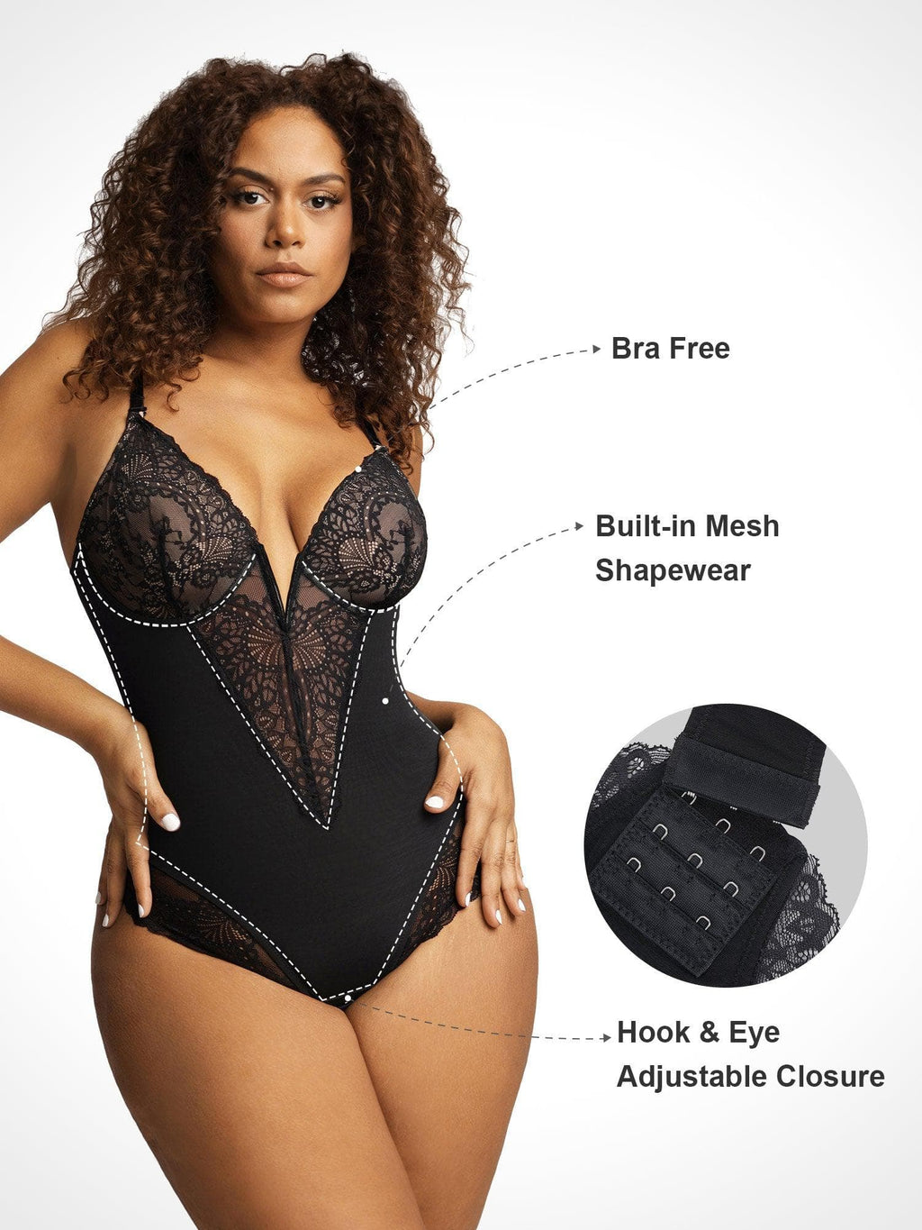 Noire Lace & Faux Leather Edit – Chocolate – Deep-V Lace Bodysuit (Runs Small)