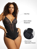 Noire Lace & Faux Leather Edit – Chocolate – Deep-V Lace Bodysuit (Runs Small)