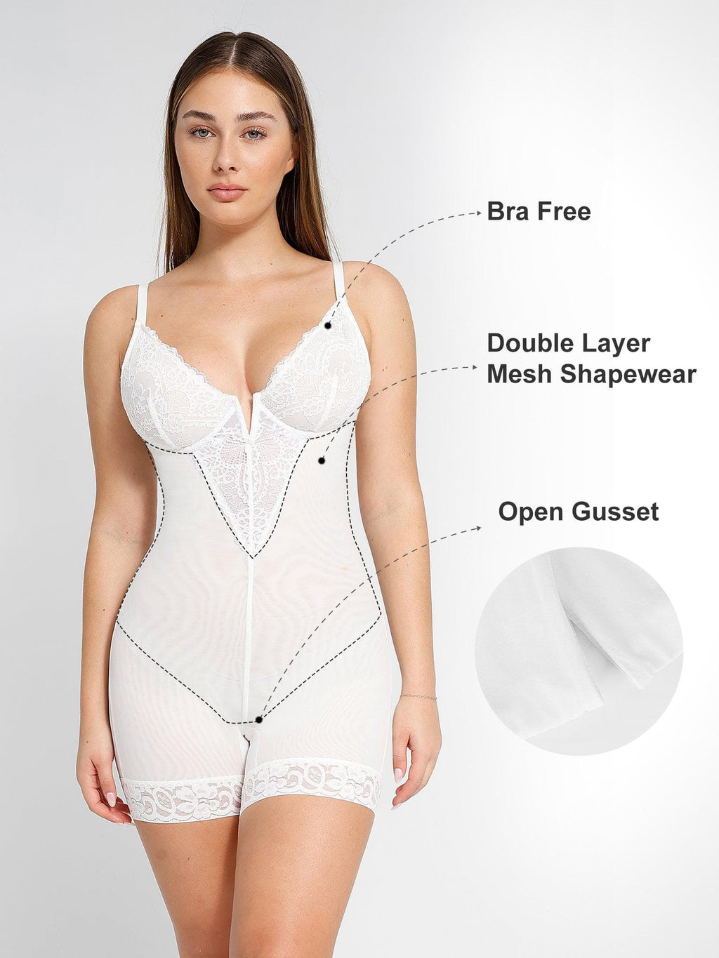 Noire Lace & Faux Leather Edit – White – Deep-V Lace Bodysuit (Runs Small)