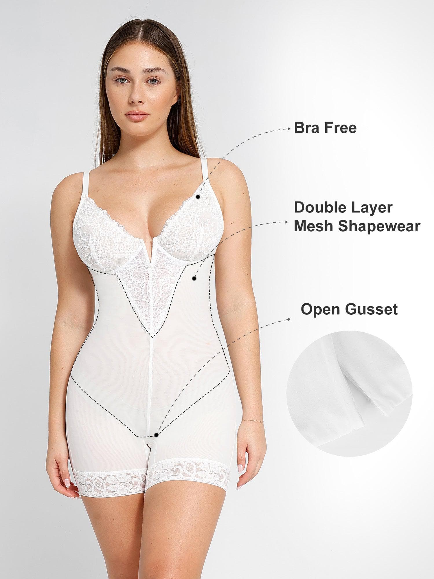 Noire Lace & Faux Leather Edit – White – Deep-V Lace Bodysuit (Runs Small)