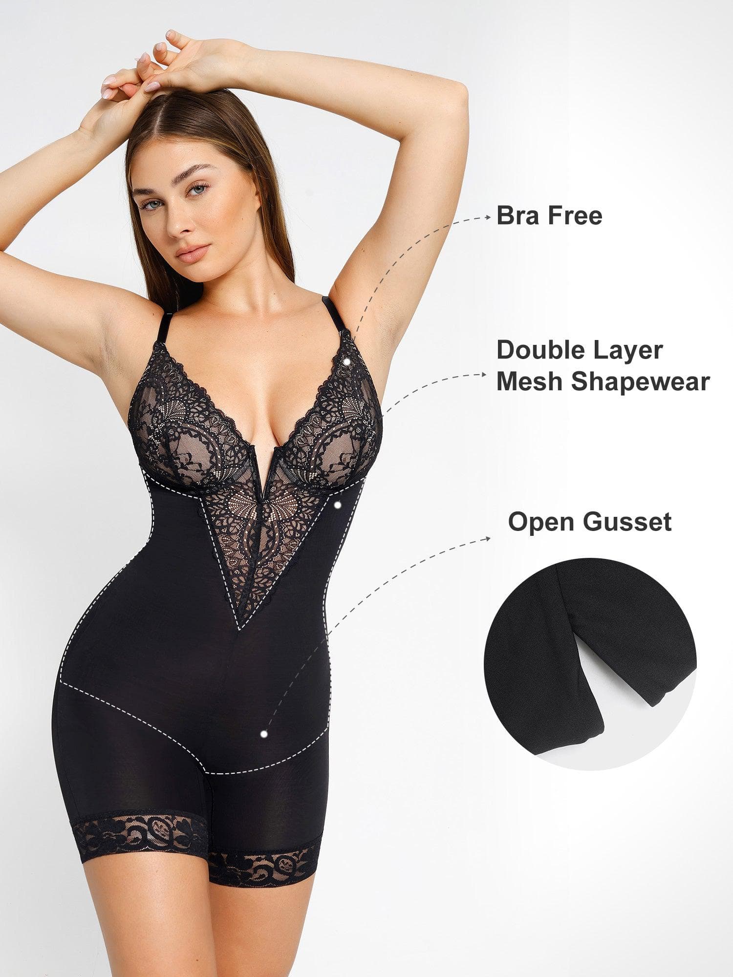 Noire Lace & Faux Leather Edit – Black – Deep-V Lace Bodysuit (Runs Small)