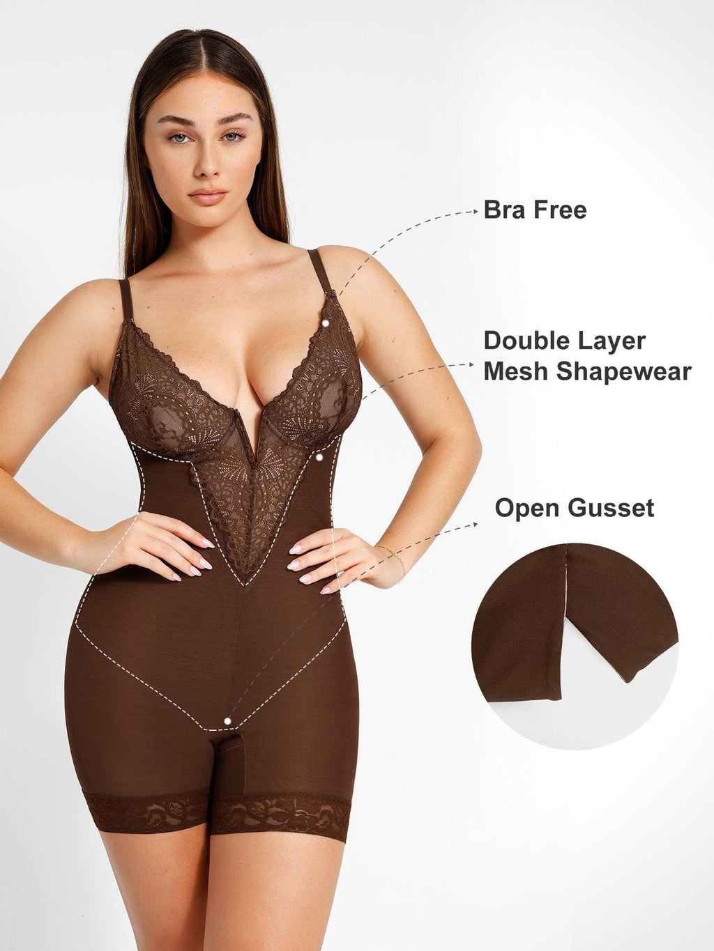 Noire Lace & Faux Leather Edit – White – Deep-V Lace Bodysuit (Runs Small)