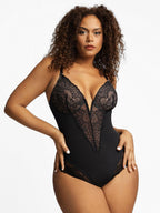 Noire Lace & Faux Leather Edit – Chocolate – Deep-V Lace Bodysuit (Runs Small)
