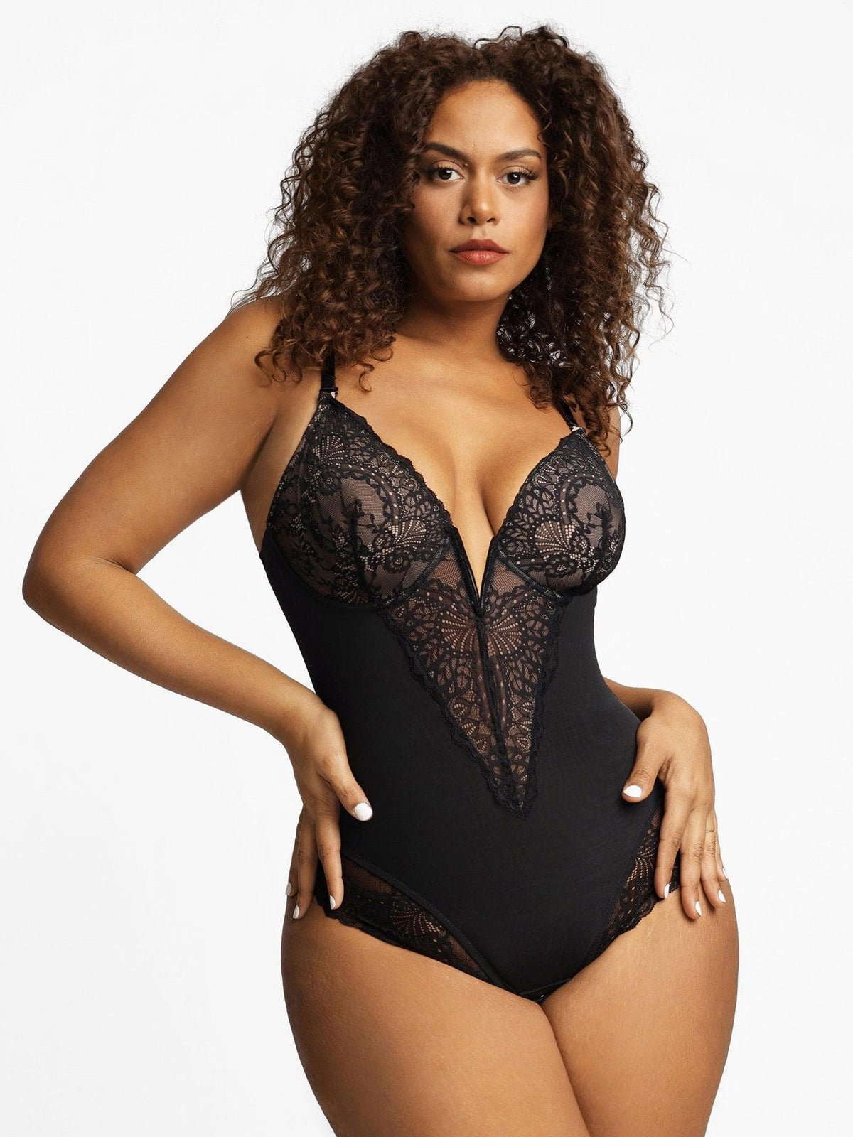 Noire Lace & Faux Leather Edit – Chocolate – Deep-V Lace Bodysuit (Runs Small)