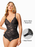 Noire Lace & Faux Leather Edit – Brown – Deep-V Lace Bodysuit (Runs Small)
