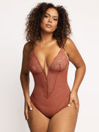 Noire Lace & Faux Leather Edit – Chocolate – Deep-V Lace Bodysuit (Runs Small)