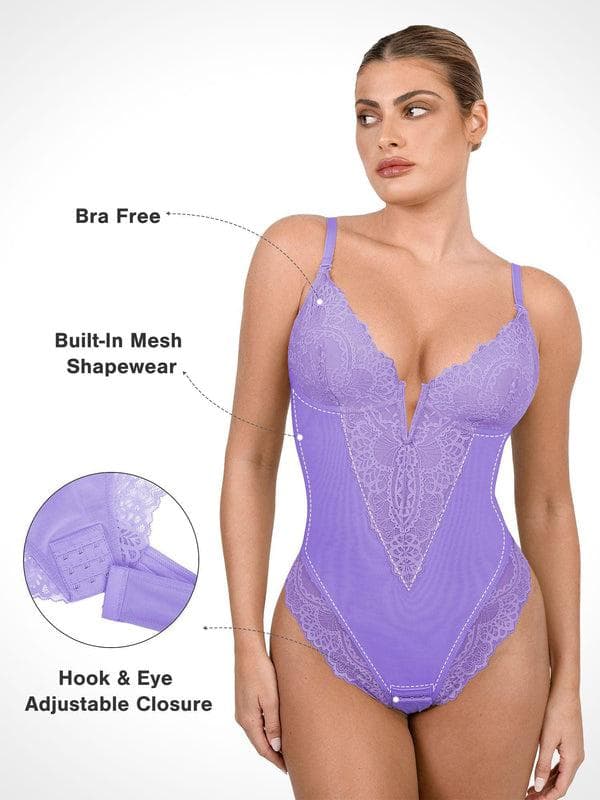 Amélie Deep-V Lace Thong Bodysuit – Lime Green