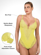 Amélie Deep-V Lace Thong Bodysuit – Light Blue