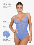 Amélie Deep-V Lace Thong Bodysuit – Light Blue