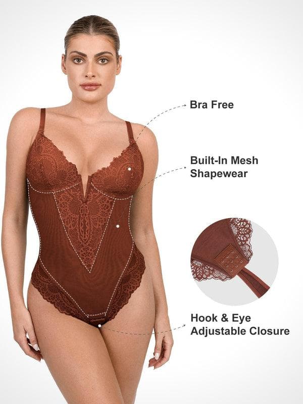 Amélie Deep-V Lace Thong Bodysuit – Pink