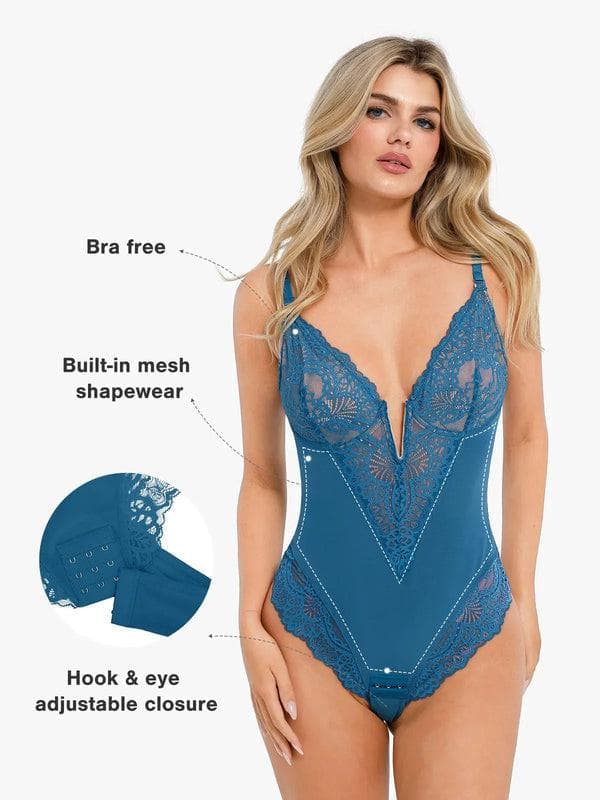 Amélie Deep-V Lace Thong Bodysuit – Black