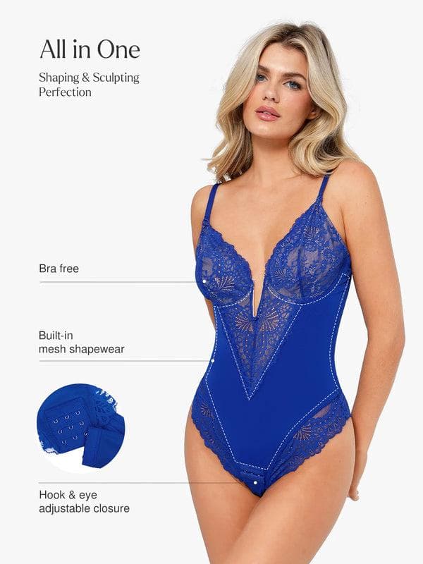 Amélie Deep-V Lace Thong Bodysuit – Brown