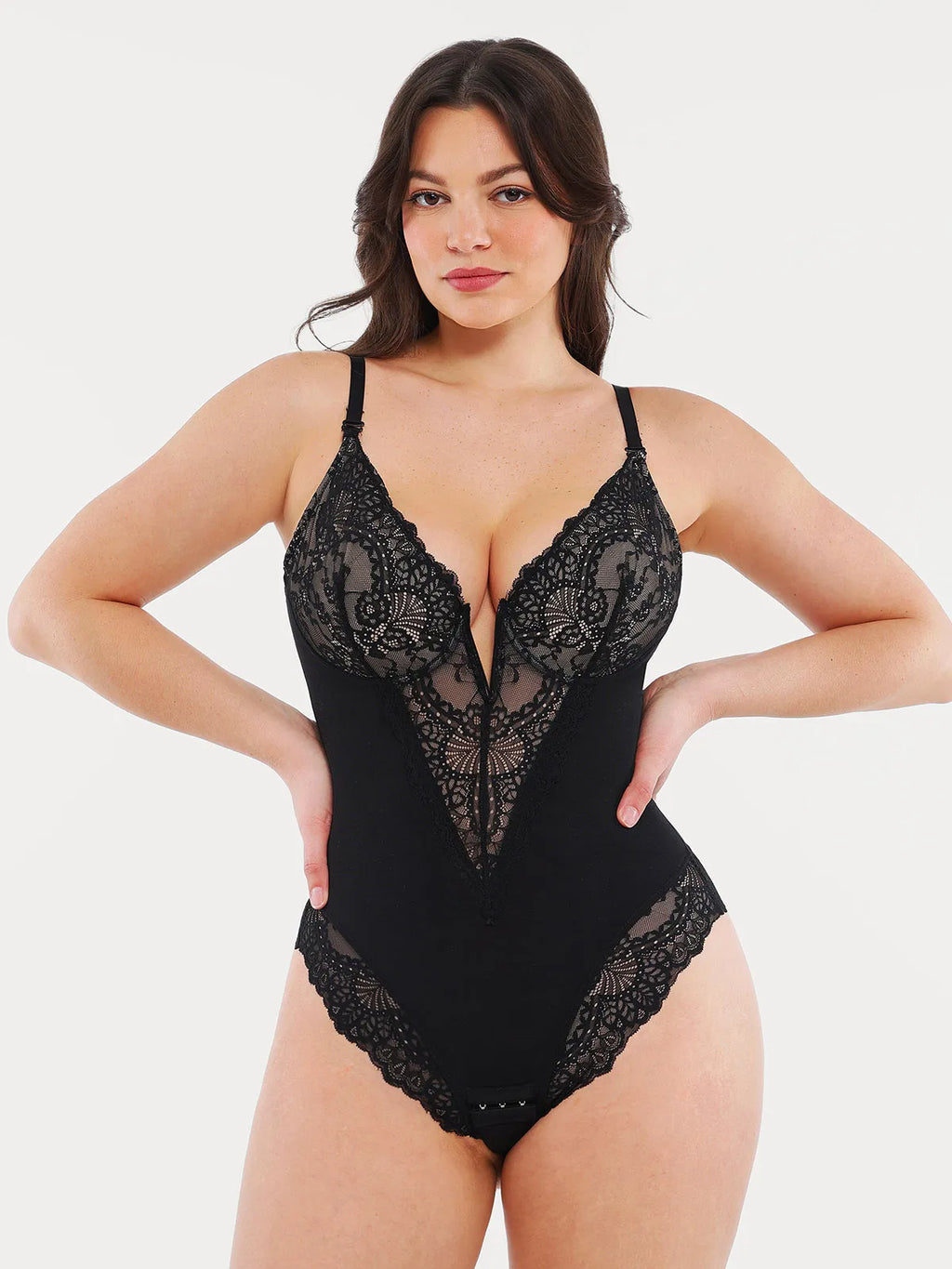 Amélie Deep-V Lace Thong Bodysuit – Pink