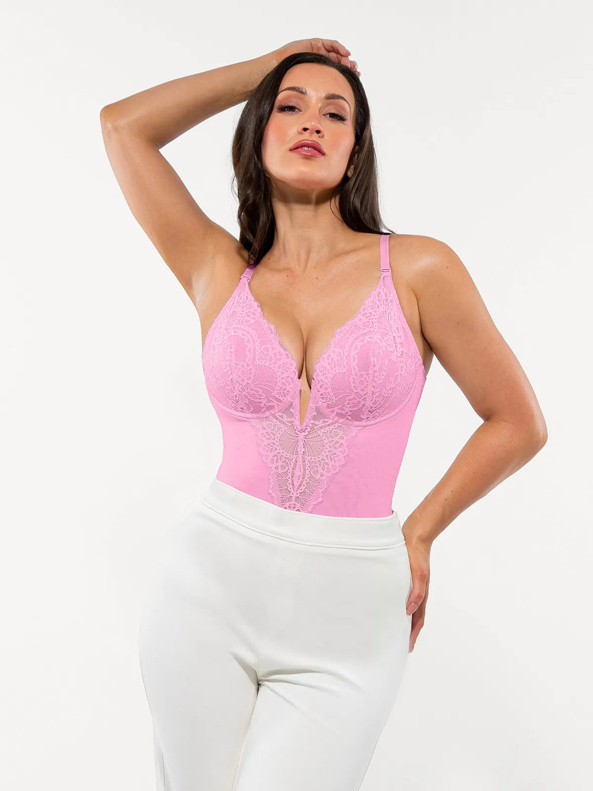 Amélie Deep-V Lace Thong Bodysuit – White