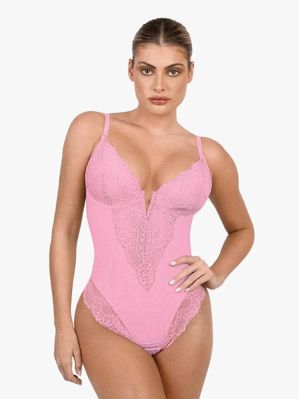 Amélie Deep-V Lace Thong Bodysuit – Light Blue