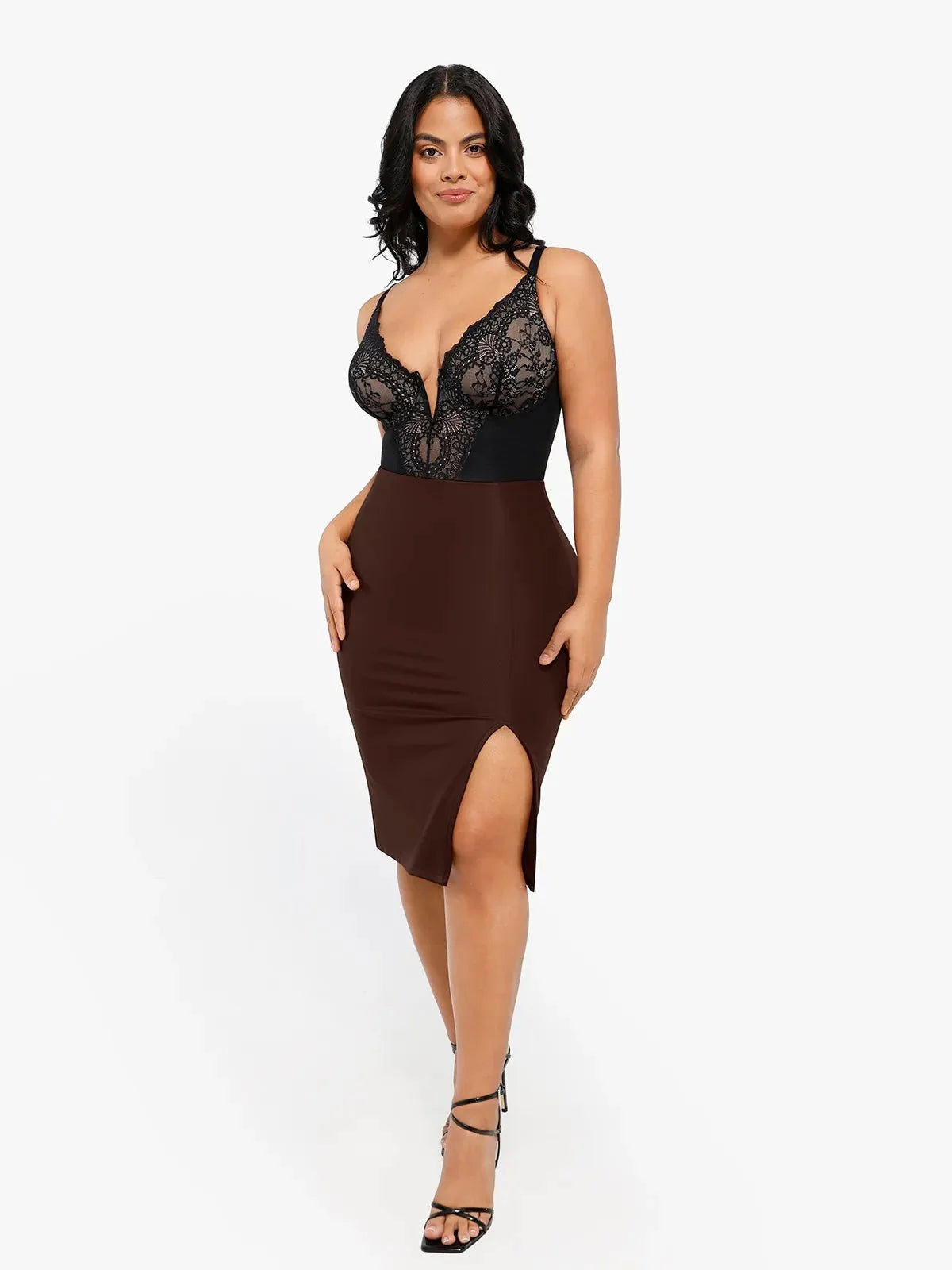 Noire Lace & Faux Leather Edit – Black – Full-Lace Bodysuit