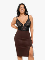 Noire Lace & Faux Leather Edit – Black – Full-Lace Bodysuit