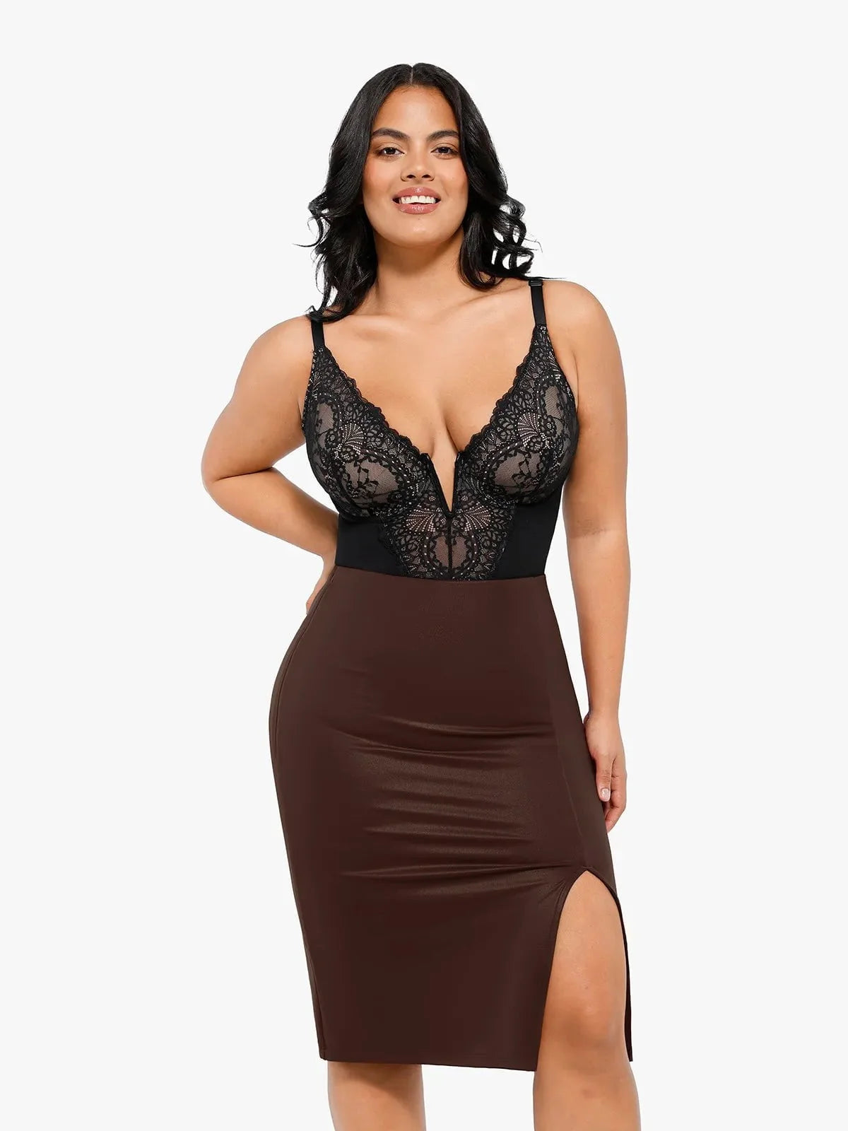 Noire Lace & Faux Leather Edit – Black – Full-Lace Bodysuit