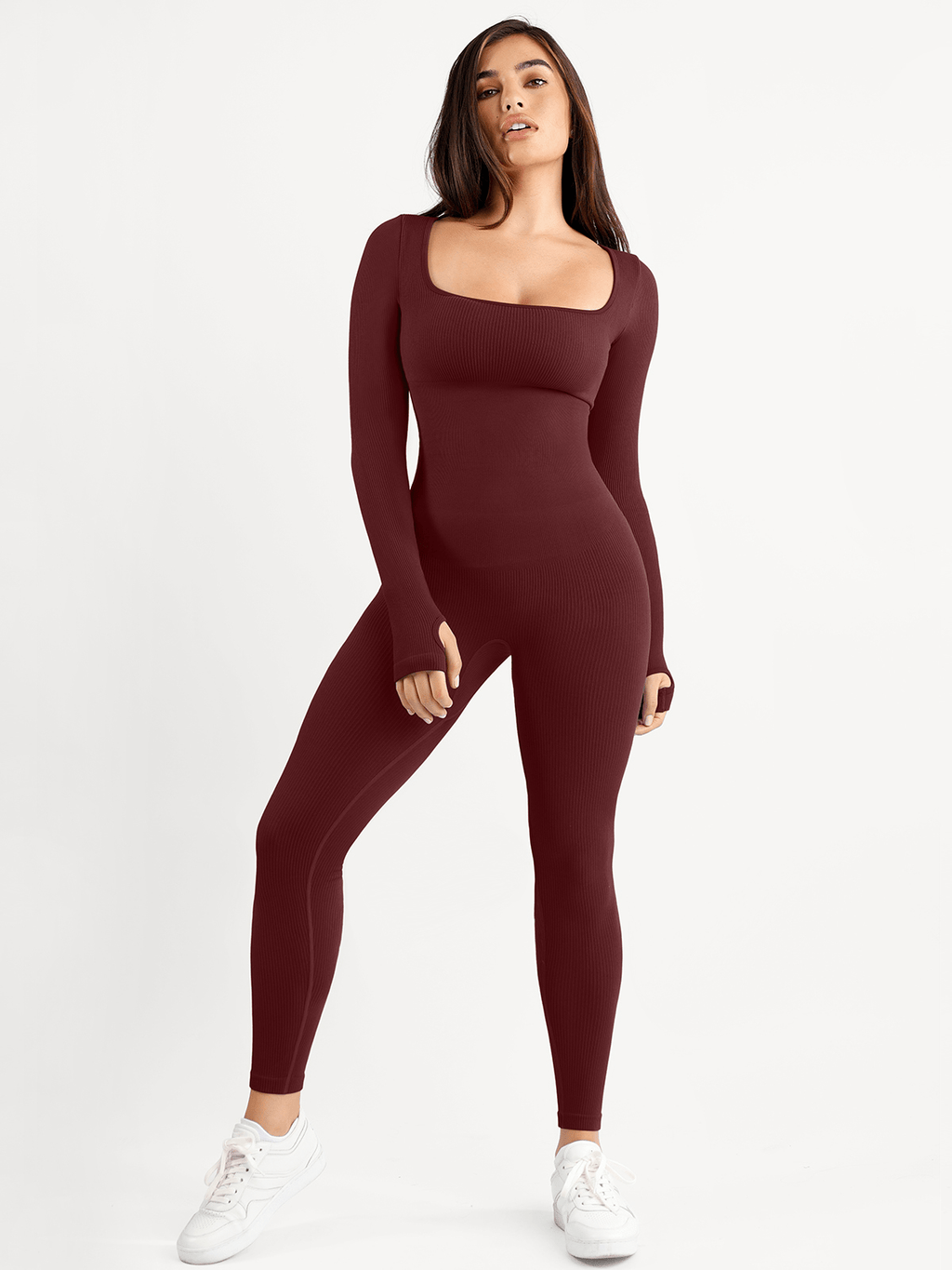 Selene Square-Neck Sculpting Jumpsuit – Burgundy