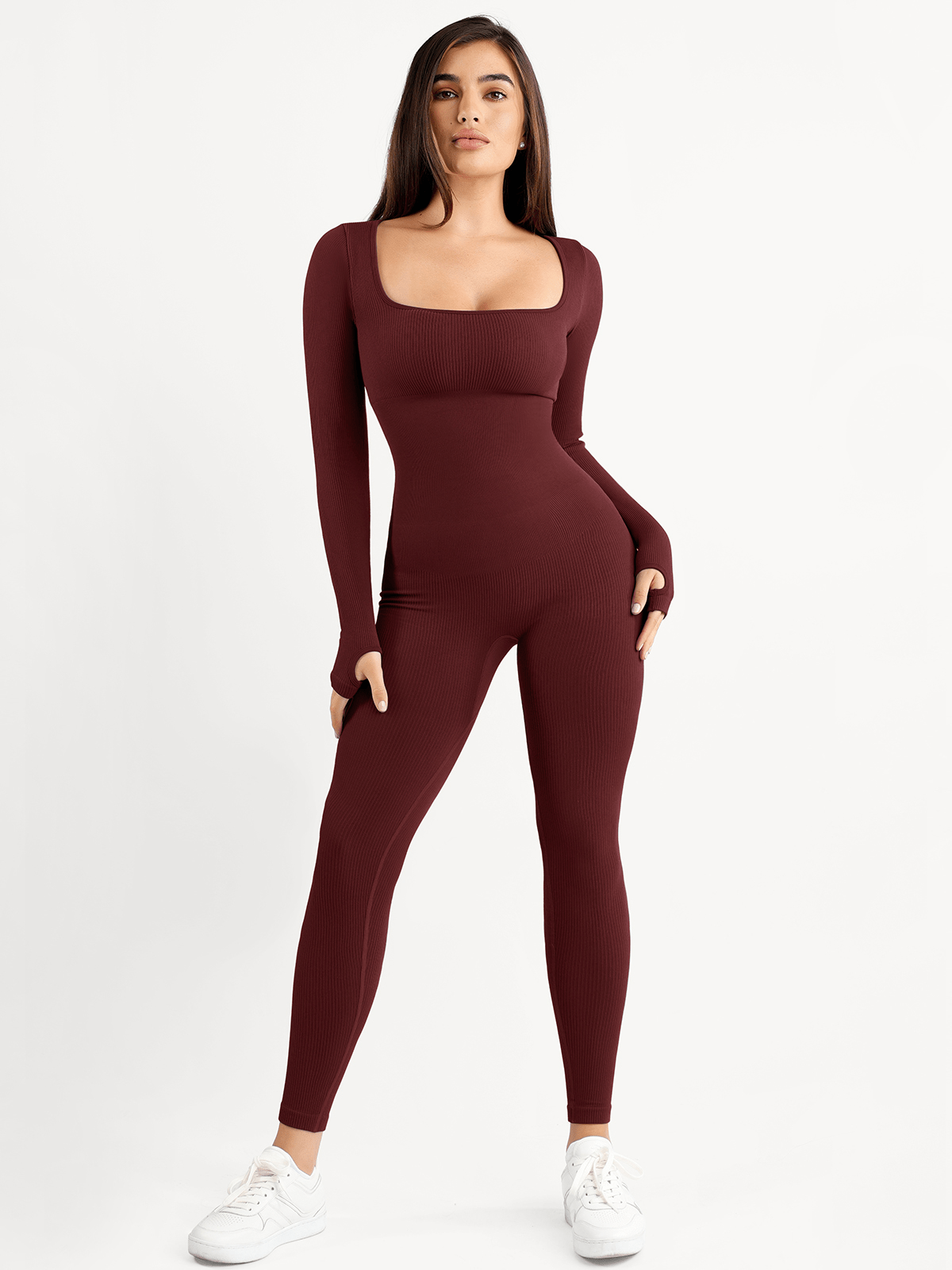 Selene Square-Neck Sculpting Jumpsuit – Burgundy