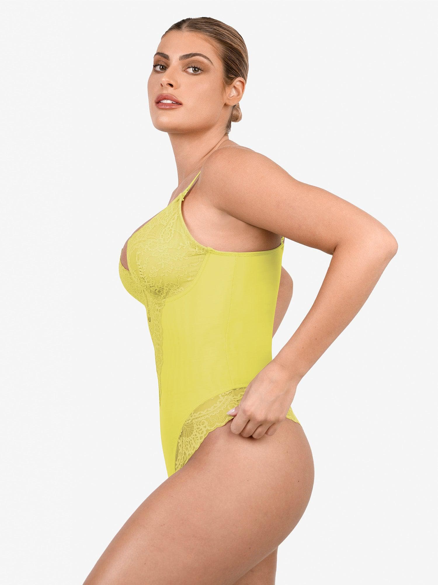 Amélie Deep-V Lace Thong Bodysuit – Lime Green