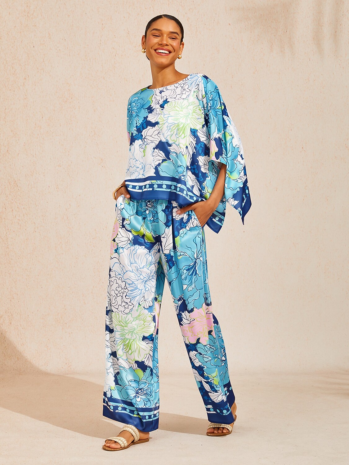 Bell Flower Satin Wide-Leg Pants in Black Pink by Aurelia Sun