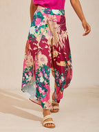 Hawaii Palm Satin Wrap Wide-Leg Pants in Black Pink by Aurelia Sun