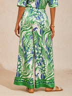 Bell Flower Satin Wide-Leg Pants in Light Green by Aurelia Sun