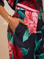 Bell Flower Satin Wide-Leg Pants in Black Pink by Aurelia Sun