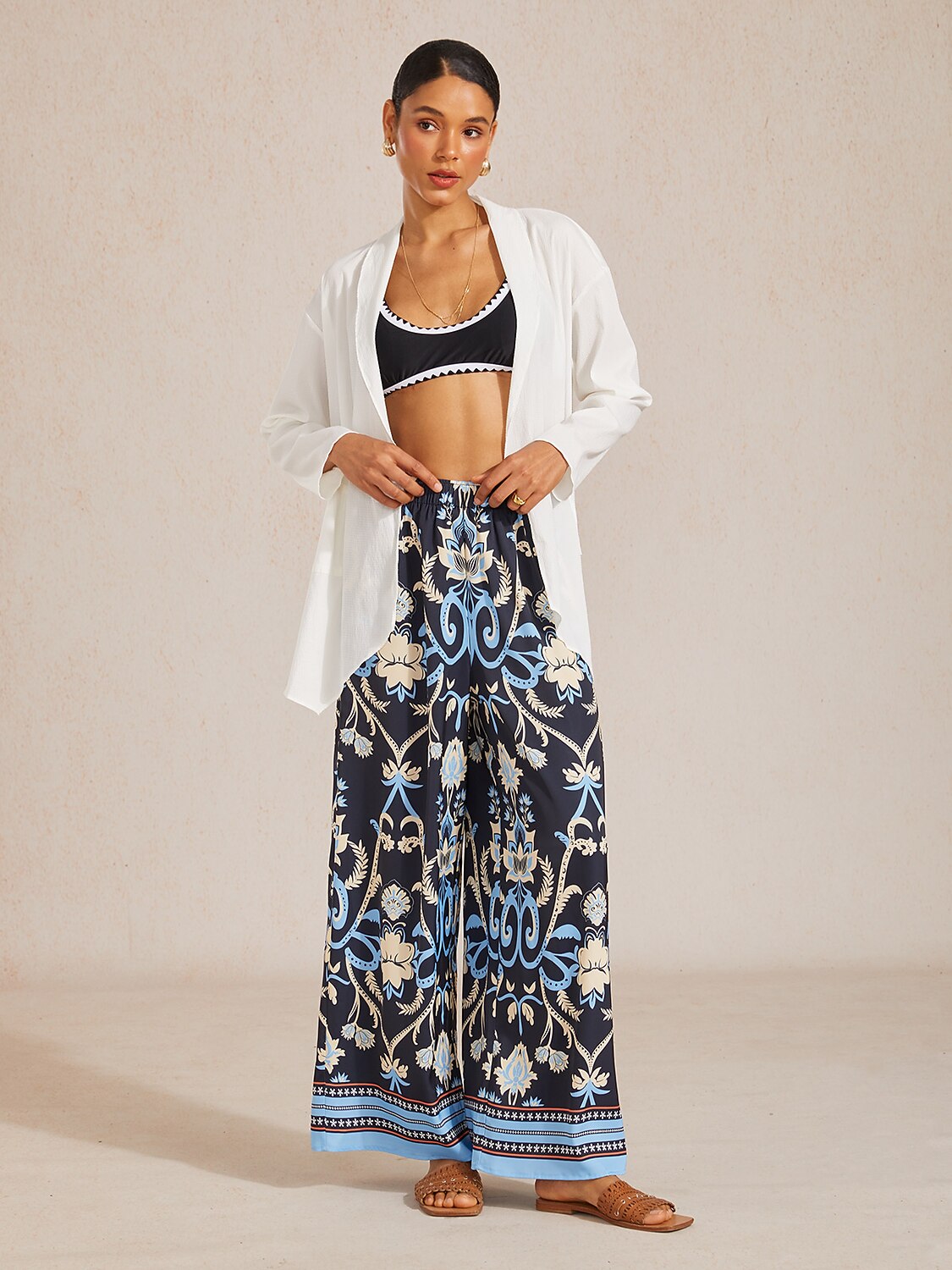 Golden Petal Satin Wide-Leg Pants in Whispy Blue by Aurelia Sun