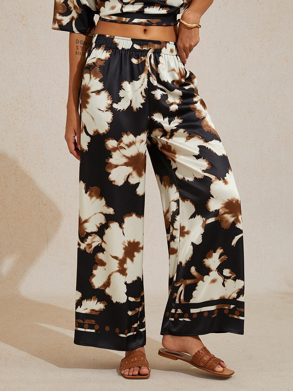 Golden Petal Satin Wide-Leg Pants by Aurelia Sun