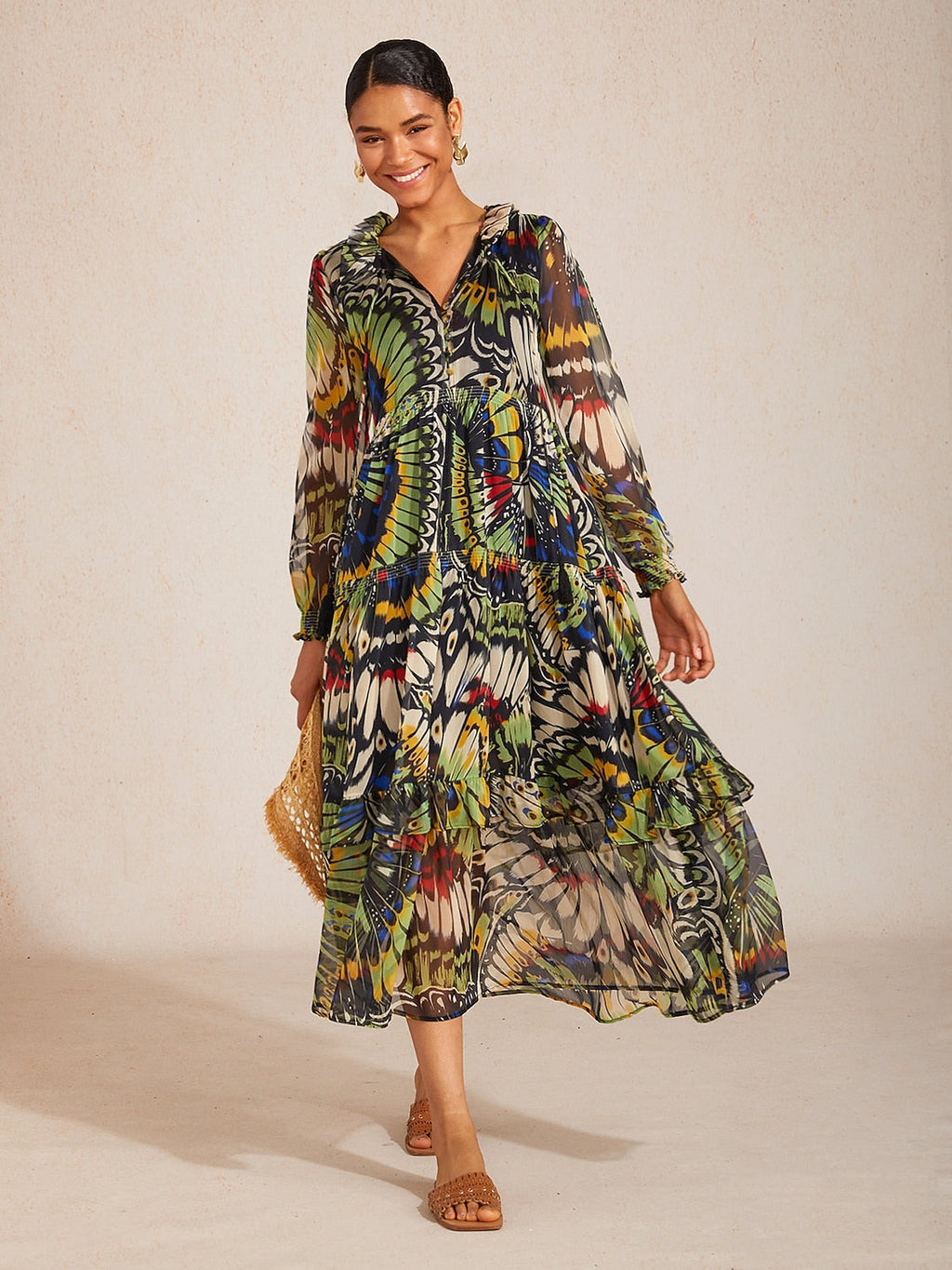 Jungle Butterfly Chiffon Maxi Dress in Olive Green by Aurelia Sun