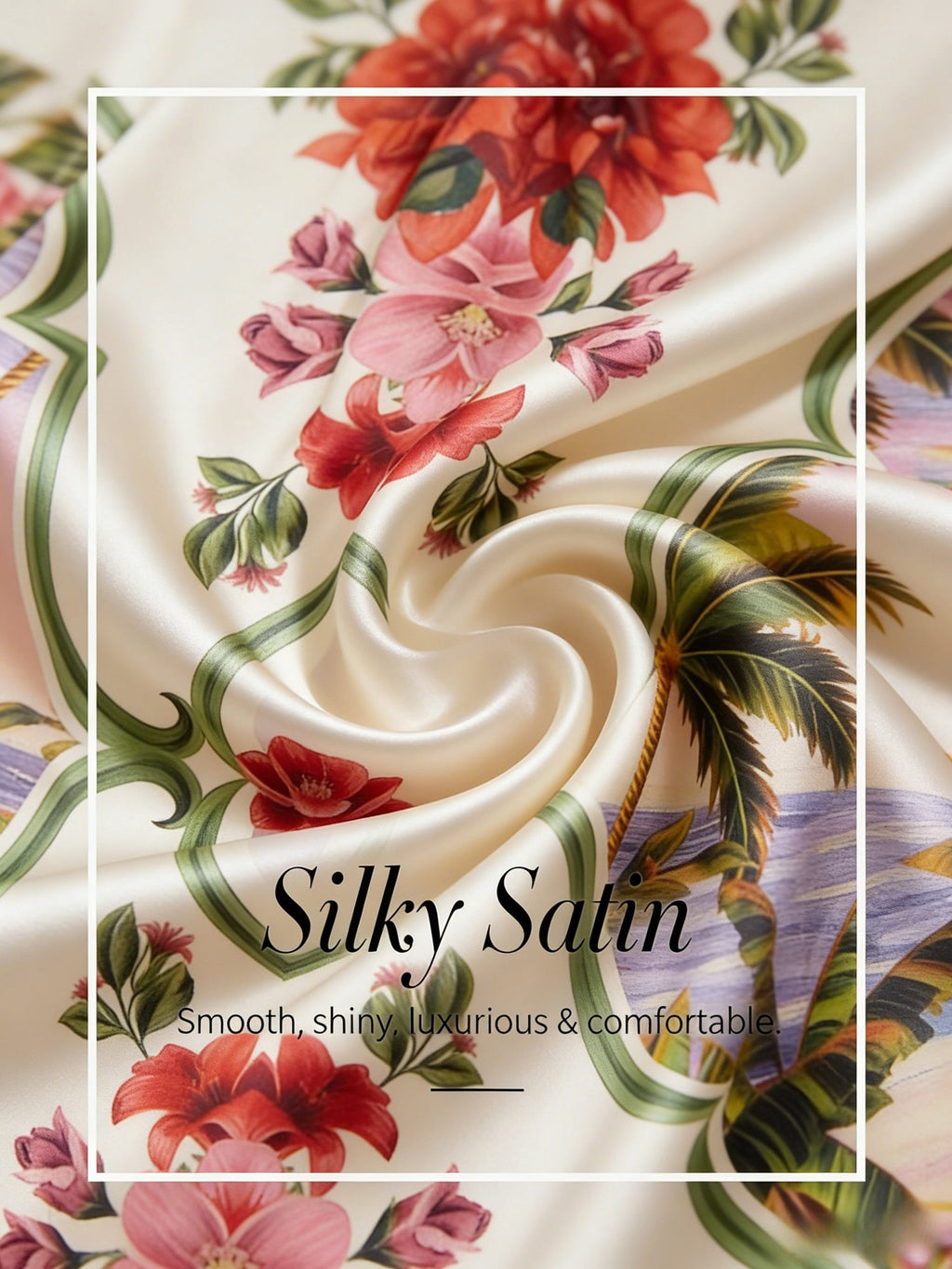 Hawaii Palm Satin Wrap Wide-Leg Pants in Rose Red by Aurelia Sun