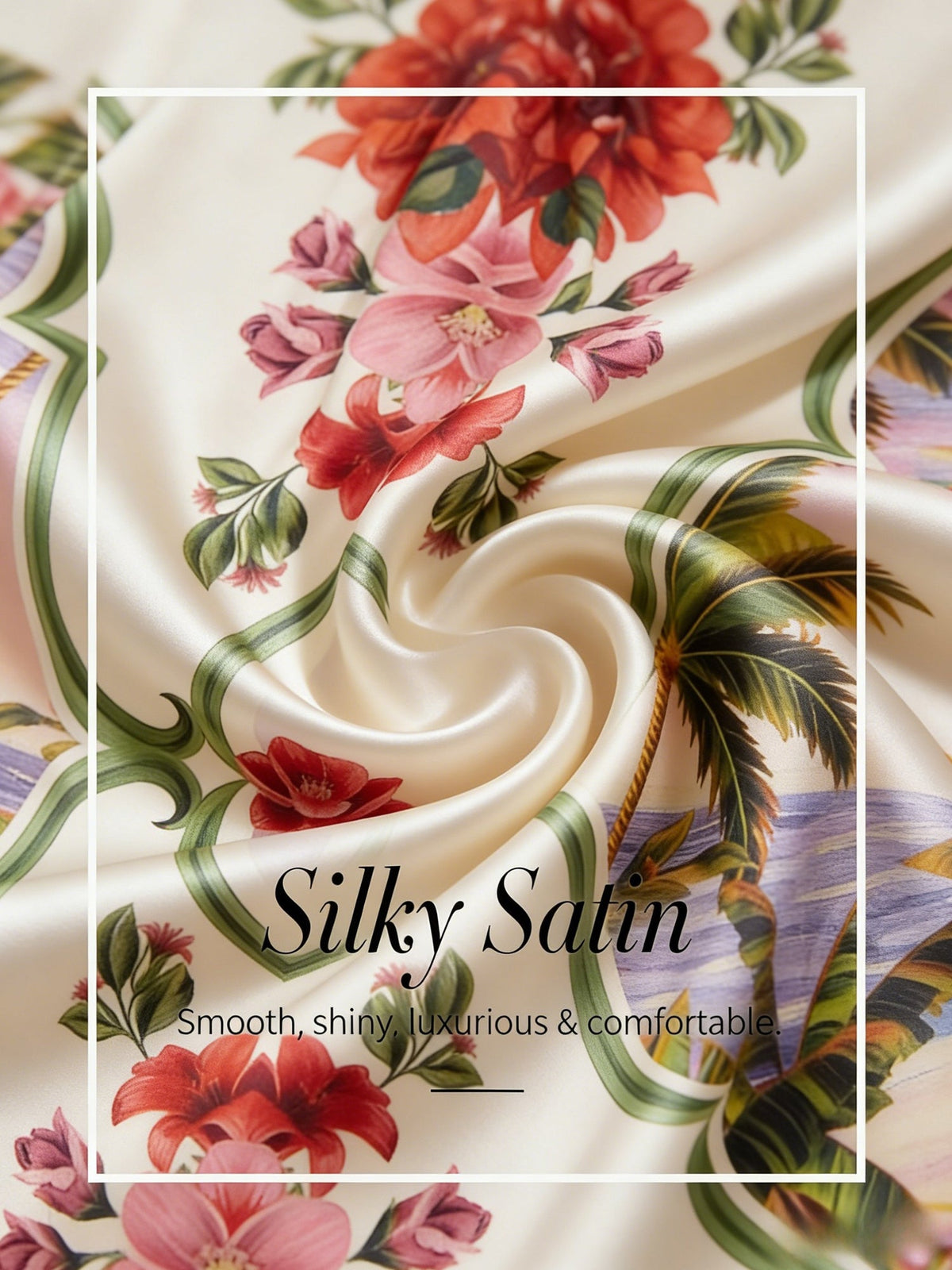 Hawaii Palm Satin Wrap Wide-Leg Pants in Rose Red by Aurelia Sun
