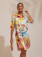 Santorini Scenic Satin Midi Shirt Dress in Lemon Yellow by Aurelia Sun
