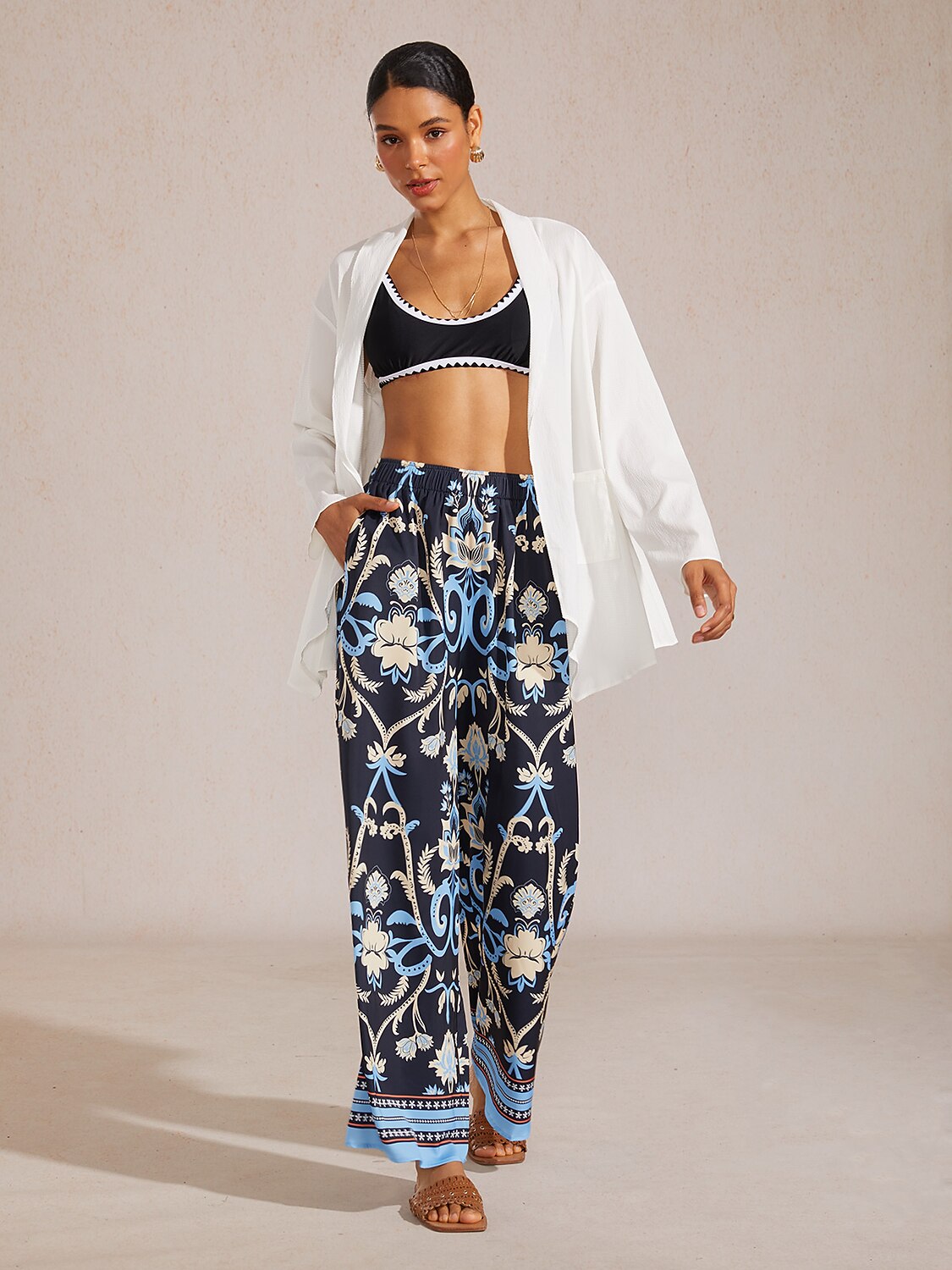 Golden Petal Satin Wide-Leg Pants in Whispy Blue by Aurelia Sun