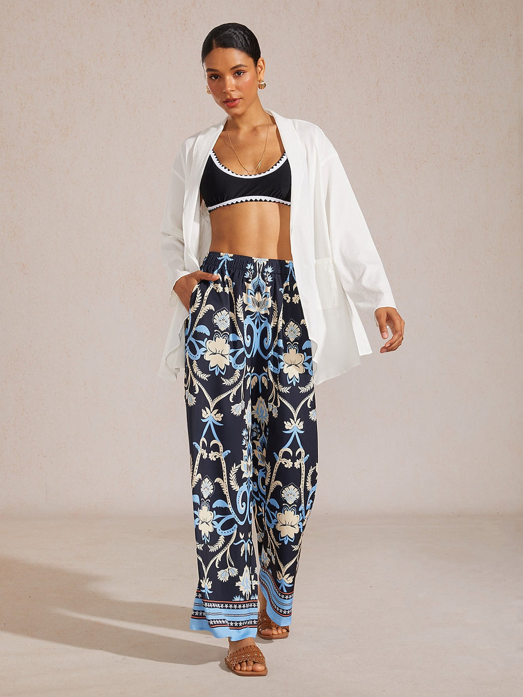 Hibiscus Satin Wide-Leg Pants in Midnight Blue by Aurelia Sun