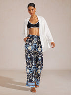 Hibiscus Satin Wide-Leg Pants in Midnight Blue by Aurelia Sun
