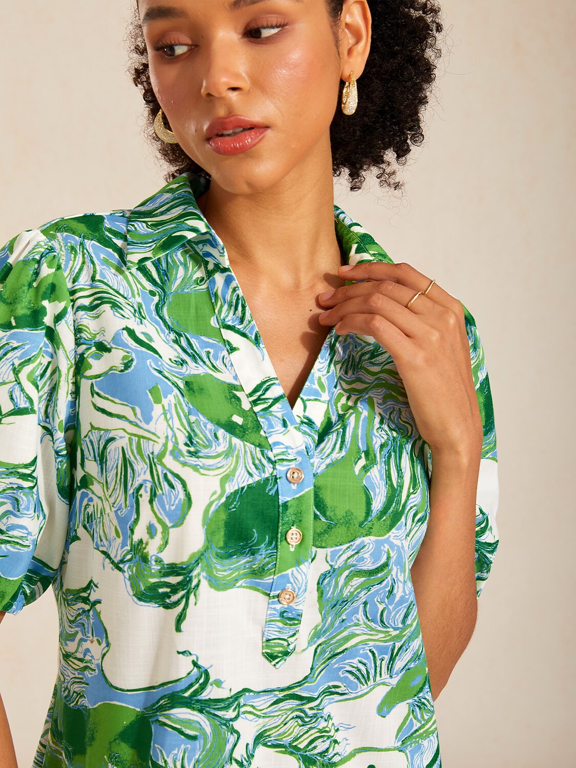Mustang Print Linen-Look Midi Shirt Dress in Mint Green by Aurelia Sun