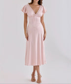 Elodie Satin Flutter-Sleeve Midi Dress in Pink by Aurelia Sun