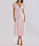 Elodie Satin Flutter-Sleeve Midi Dress