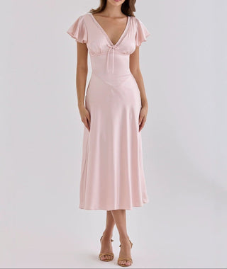 Elodie Satin Flutter-Sleeve Midi Dress