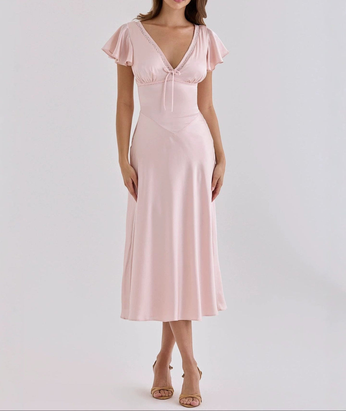 Elodie Satin Flutter-Sleeve Midi Dress in Pink by Aurelia Sun