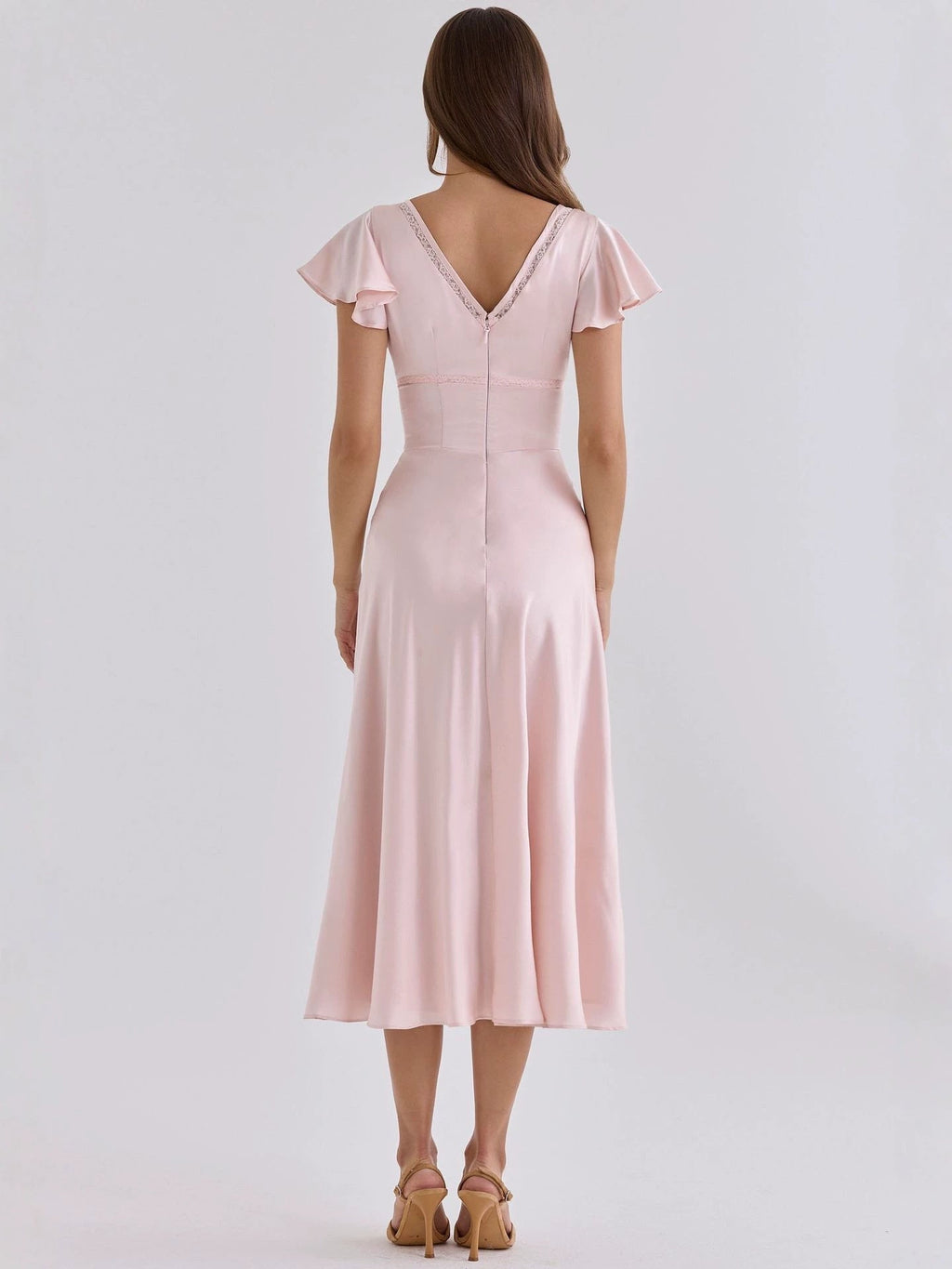 Elodie Satin Flutter-Sleeve Midi Dress in Pink by Aurelia Sun