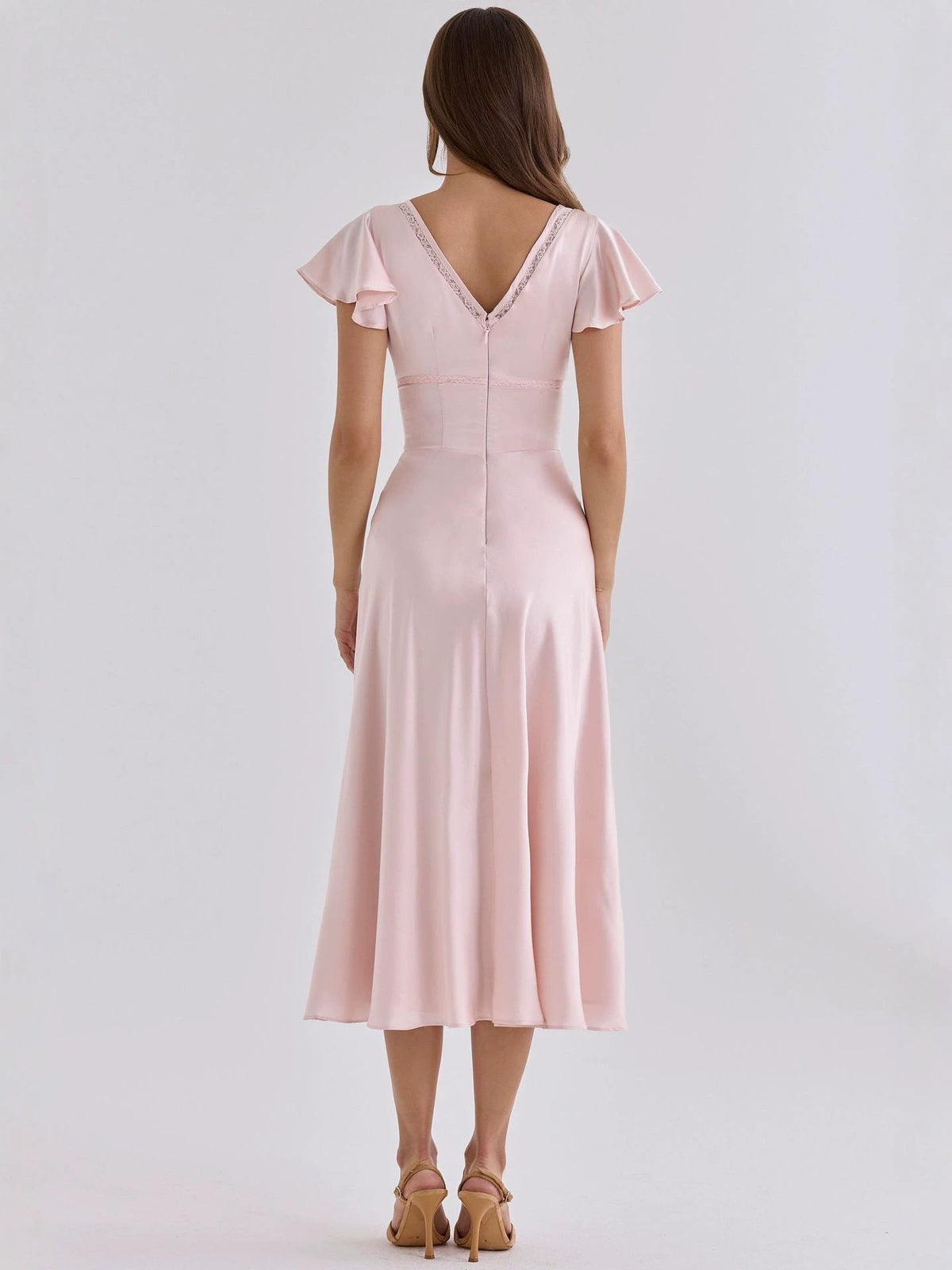 Elodie Satin Flutter-Sleeve Midi Dress in Pink by Aurelia Sun