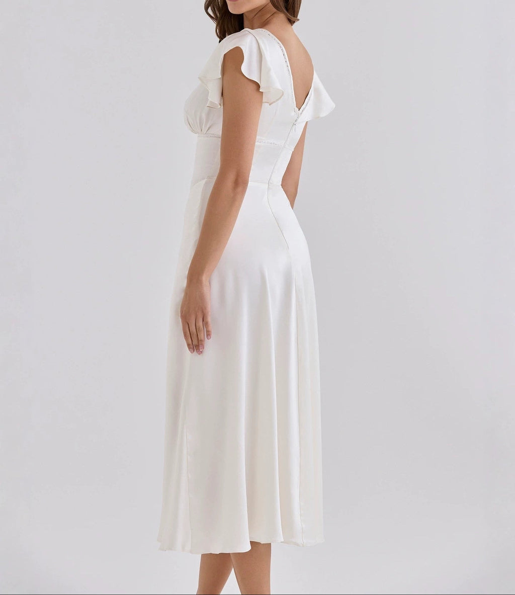 Elodie Satin Flutter-Sleeve Midi Dress in White by Aurelia Sun