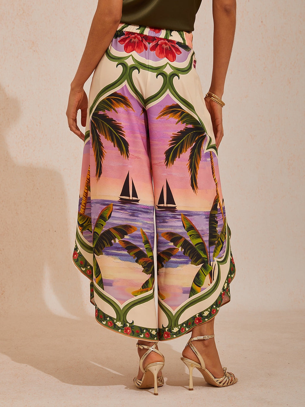 Hawaii Palm Satin Wrap Wide-Leg Pants in Rose Red by Aurelia Sun