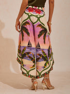 Hawaii Palm Satin Wrap Wide-Leg Pants in Rose Red by Aurelia Sun