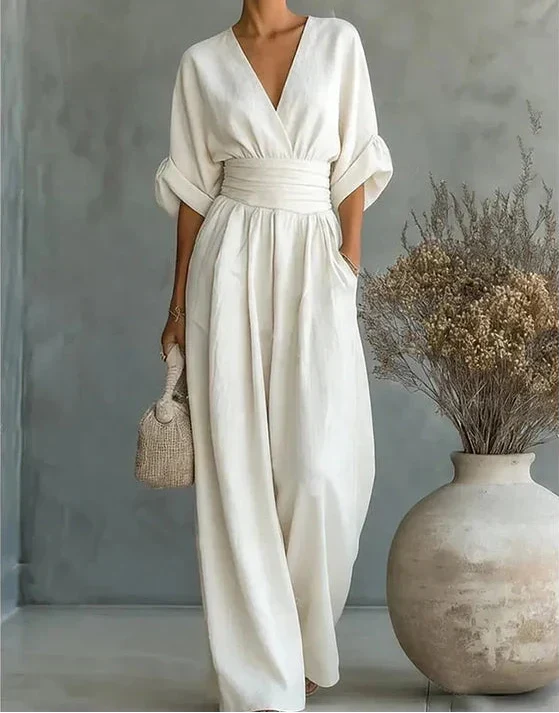 Pia Linen Blend Wide-Leg Jumpsuit in White by Aurelia Sun