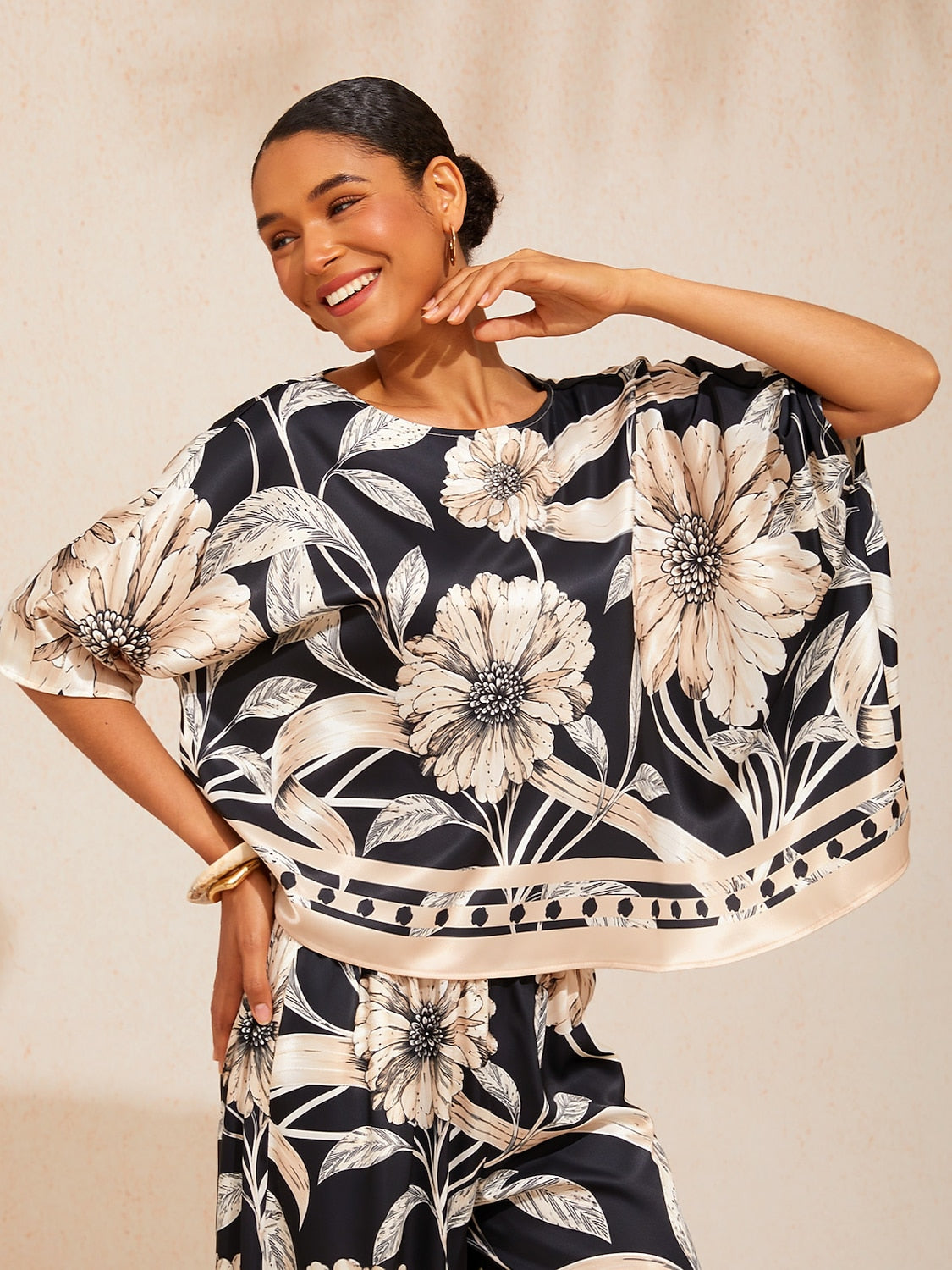 Bell Flower Satin Batwing Top in Pastel Pink by Aurelia Sun